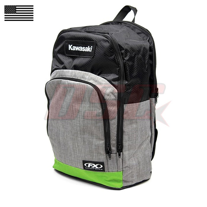 Motorcycle Standard Backpack Green Stripe On Black & Grey Kawasaki Race Fan Support Gear