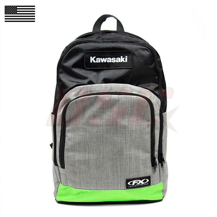 Motorcycle Standard Backpack Green Stripe On Black & Grey Kawasaki Race Fan Support Gear